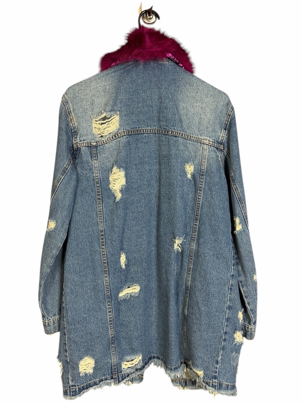 Mustard Seed Distressed Denim Long Overside Jacket w/ Faux Fur Collar Women's L - Picture 3 of 6